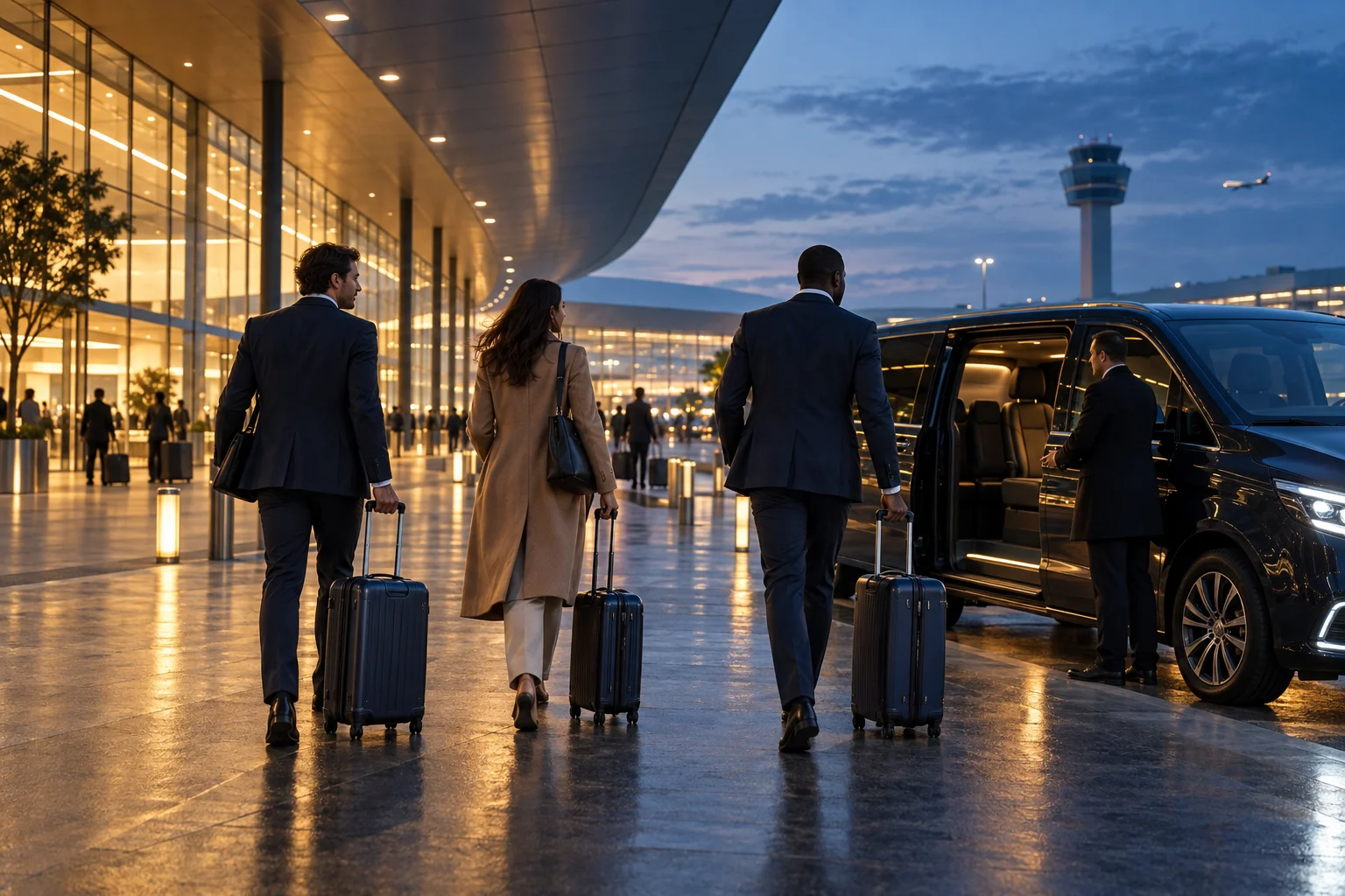 Business travellers with luggage approaching a shared vehicle outside an airport